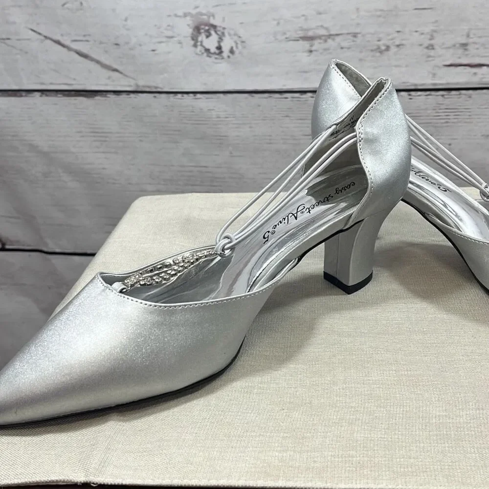 Easy‎ Street Alive 5 Silver Rhinestone Pointed Toe Block Heel Pumps Womens 9W